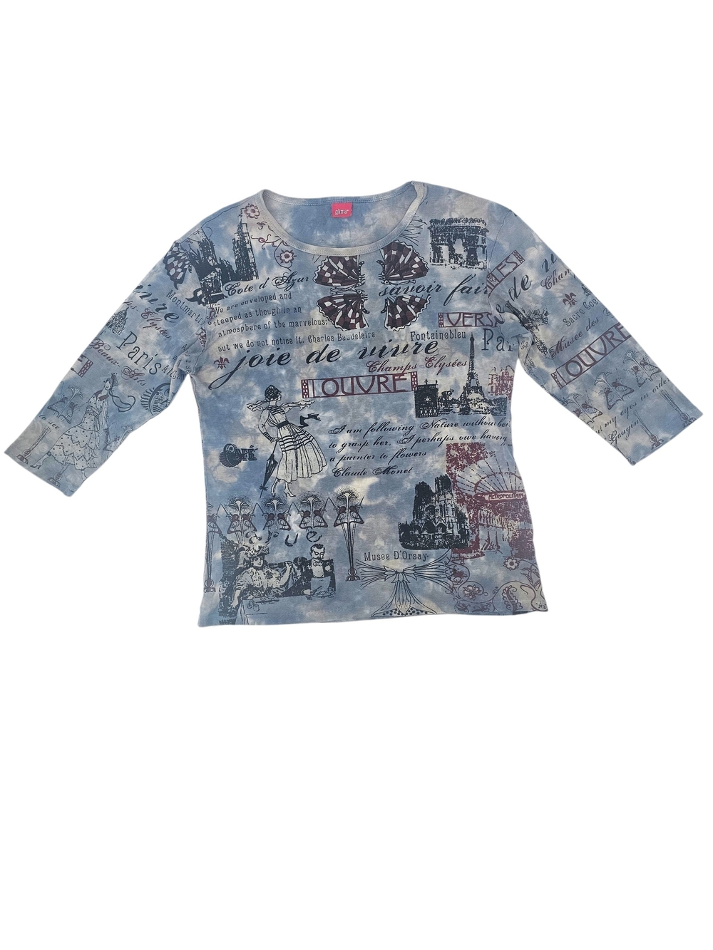 Glima Paris Louvre Graphic Top Women's L Blue 3/4 Sleeve Artsy Y2K 100% Cotton - Picture 4 of 8